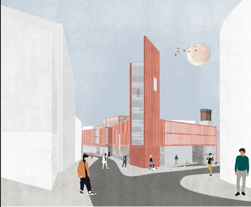Perspective rendering showing a red corrugated metal tower and bridge structure among white buildings with pedestrians