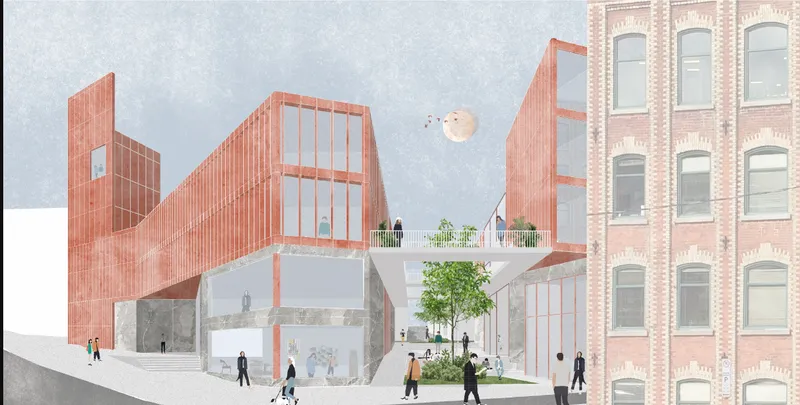 Street-level rendering of the red metal structure with an elevated terrace garden connecting to a brick facade