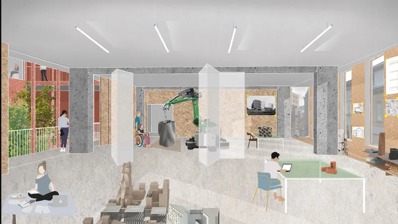 Interior rendering showing an open workspace with concrete columns, linear ceiling lights, and figures at desks