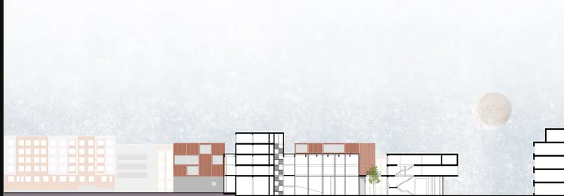 Elevation drawing showing the mixed-material facade with red corrugated elements and adjacent buildings in context