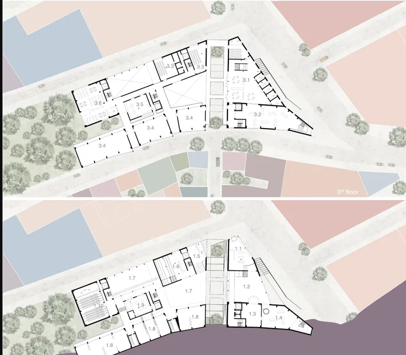 Floor plan drawing showing two levels with courtyards and trees within the angled site boundary