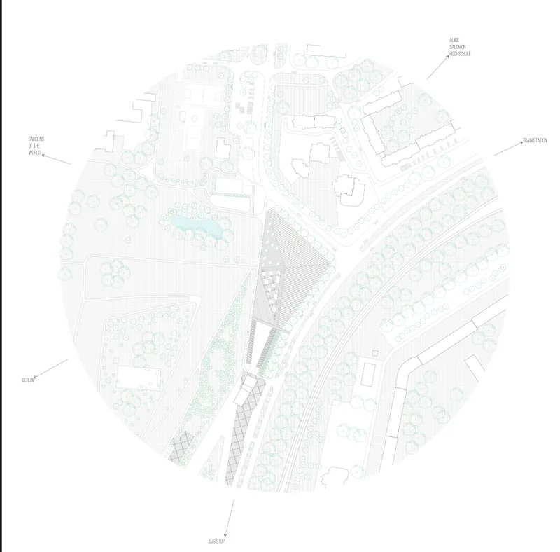 Site plan drawing showing a triangular building footprint within a circular boundary amid landscaping and pathways