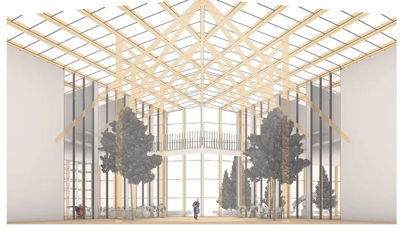 Section drawing showing a timber lattice roof structure over a double-height interior space with planted trees