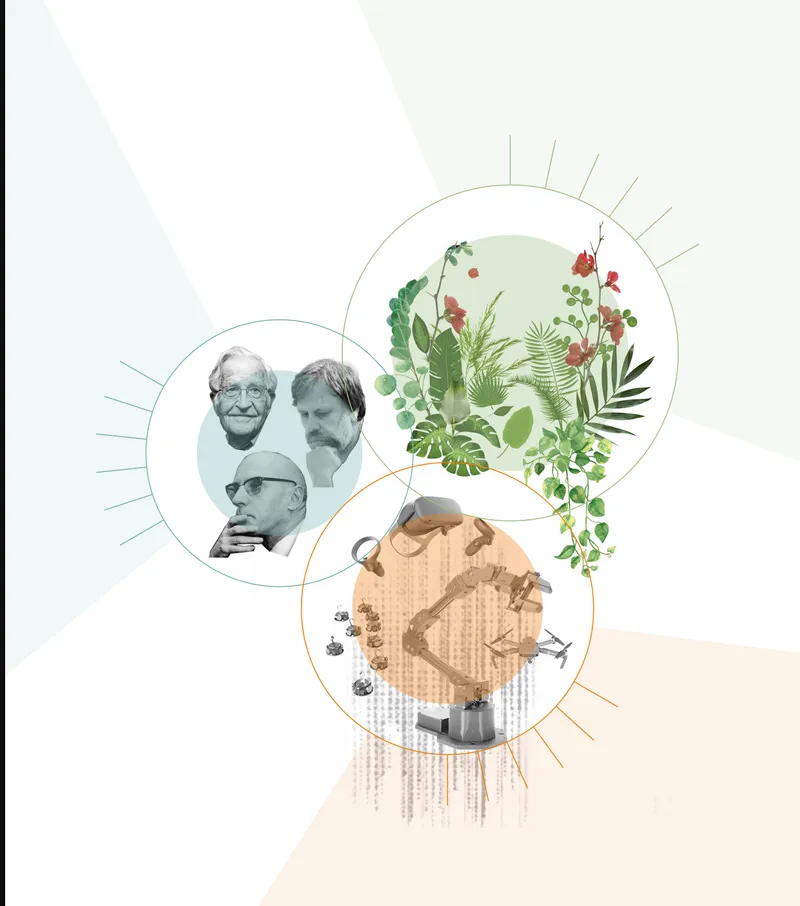 Collage diagram with overlapping circles showing portraits, botanical illustrations, and an aerial site view
