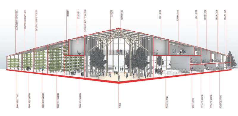Sectional perspective drawing with red outline showing the full building section including timber truss roof and interior vegetation