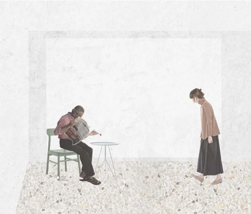 Interior courtyard with terrazzo flooring where two people occupy a minimal white space