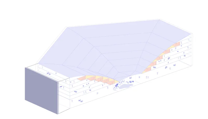 Axonometric cutaway drawing showing terraced interior spaces beneath a faceted roof structure
