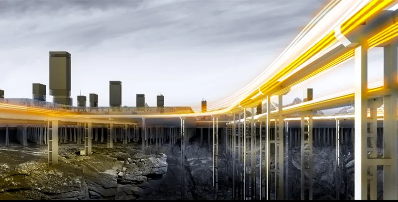 Long exposure rendering showing elevated roadway infrastructure with light trails under a cloudy sky