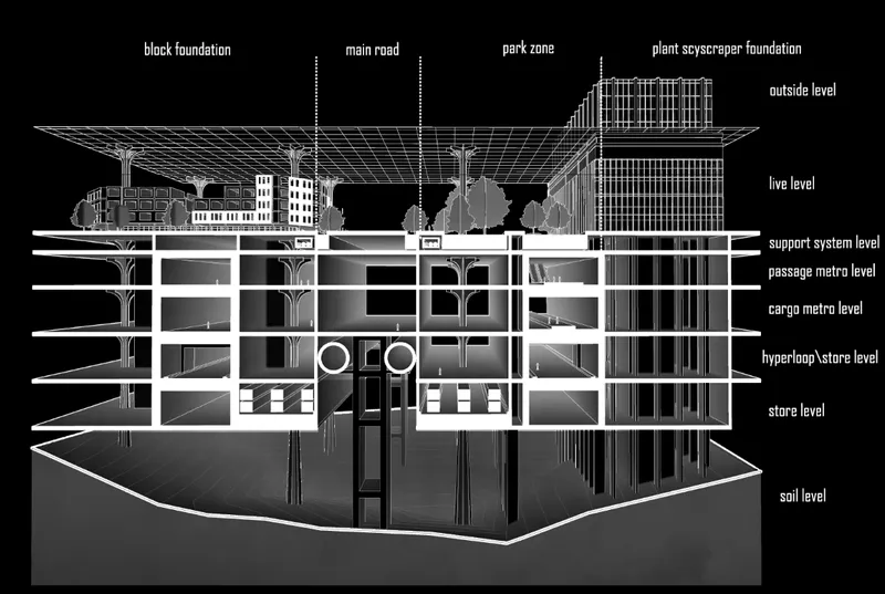 Section drawing showing multilevel underground infrastructure beneath a park and street level