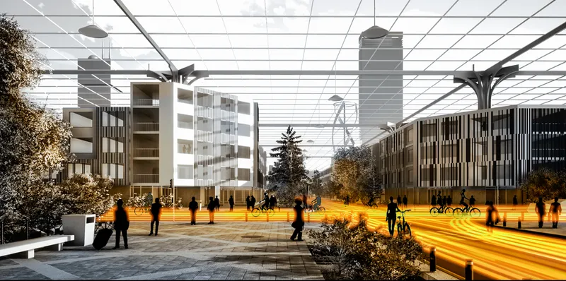 Rendering of public plaza with residential buildings under translucent canopy structure in golden hour light