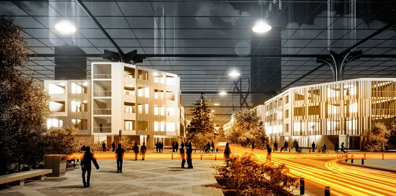 Night view of courtyard with people walking among trees beneath the illuminated grid canopy