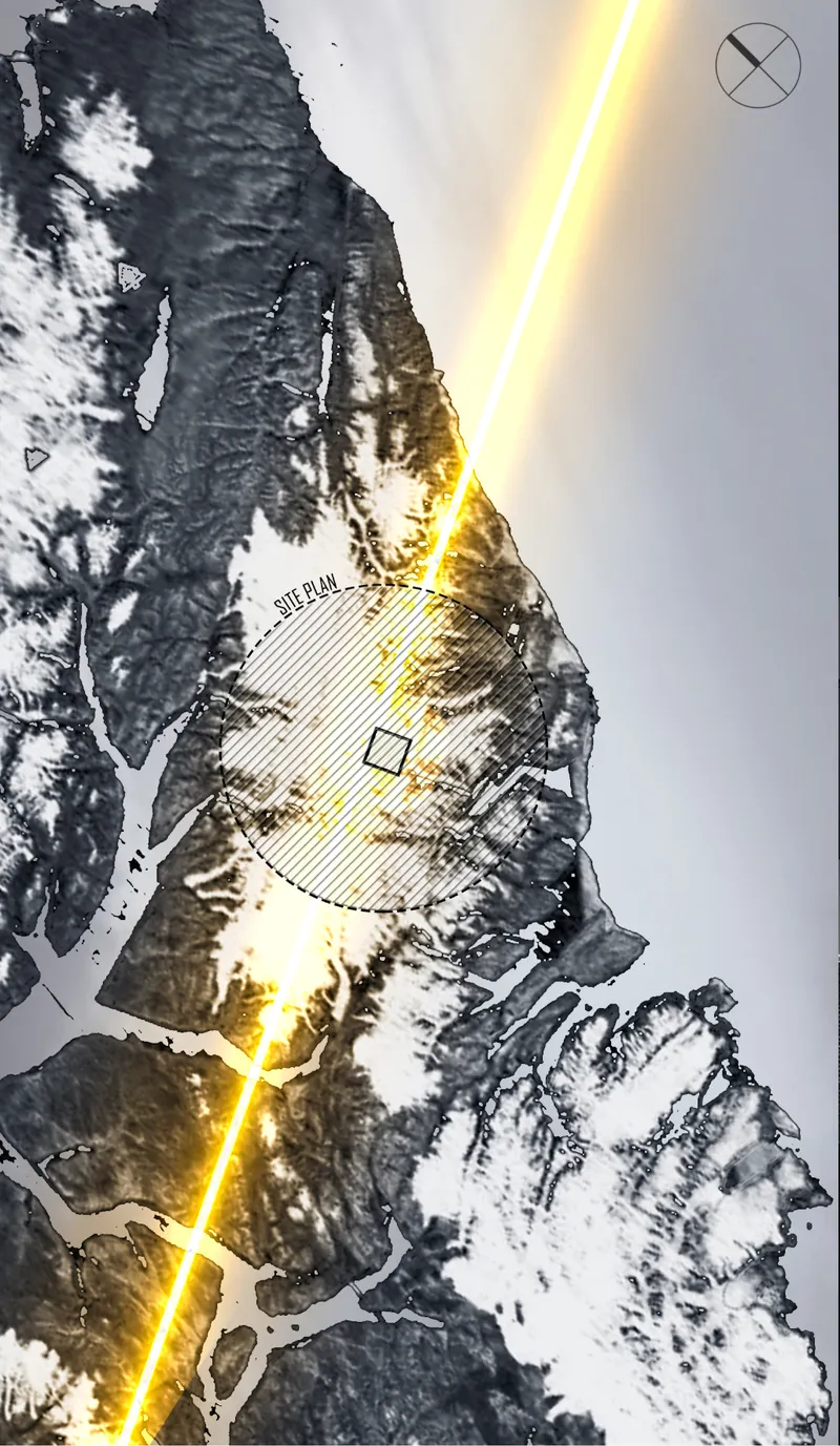 Site plan drawing overlaid on snow-covered mountainous terrain with directional light rays