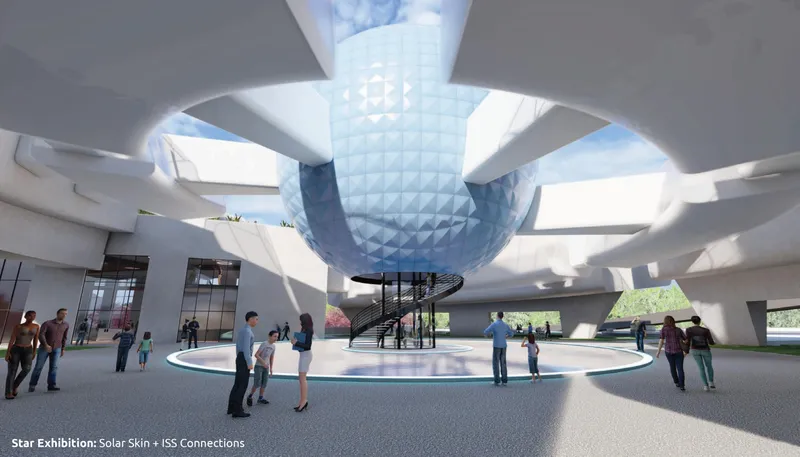 Interior atrium with circular skylight, spiral staircase, and visitors gathered on terrazzo flooring