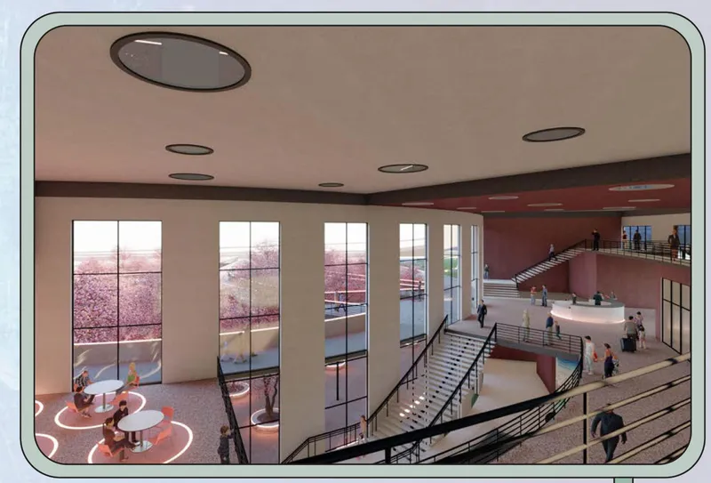 Multi-level interior lobby with pink terrazzo floors, tall gridded windows, and central staircases