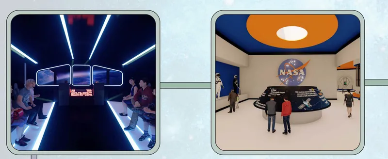 Exhibition gallery with blue LED lighting and curved monitor array showing space imagery