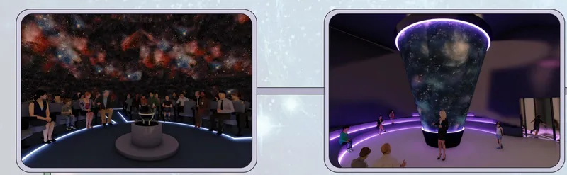 Planetarium dome displaying galaxy imagery above visitors gathered around circular platform with purple lighting