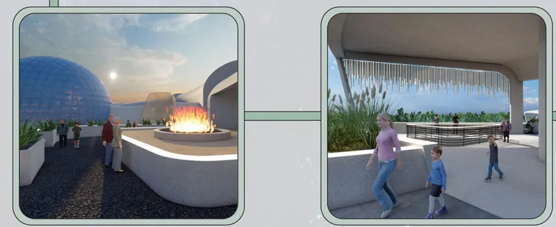 Rendering of the curved plaza with domed volumes and illuminated fountain at dusk