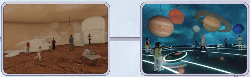 Interactive solar system gallery with illuminated planet models suspended over visitors on patterned floor