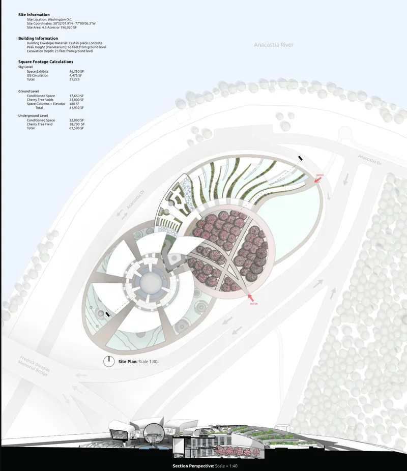 Site plan drawing showing the oval building footprint adjacent to the river with section view below