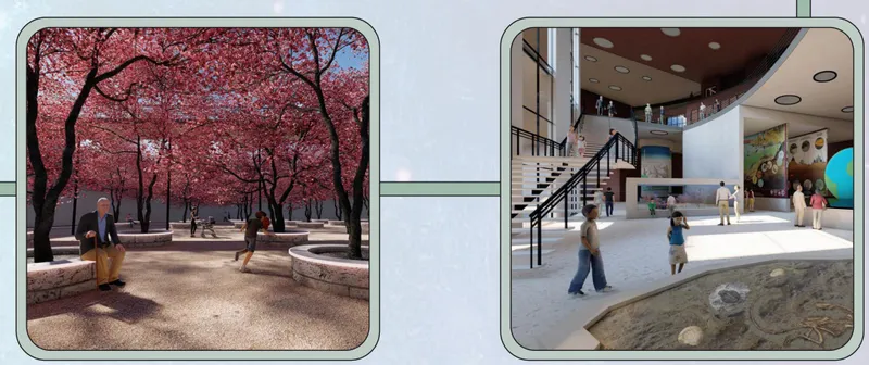 Rendered view of the paved courtyard beneath pink flowering trees with visitors walking