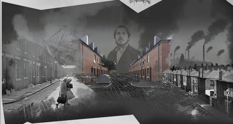 Panoramic collage combining historical imagery of brick row houses with archival photographs and industrial smokestacks
