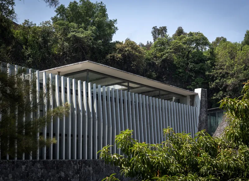 Facade with vertical white louvers and floating roof plane nestled against dense green hillside vegetation