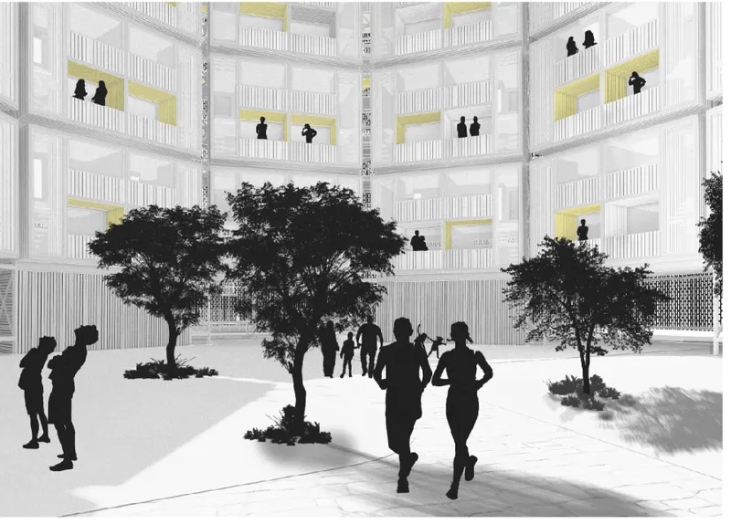 Interior atrium with white corrugated facade balconies, yellow accents, and mature trees among silhouetted figures