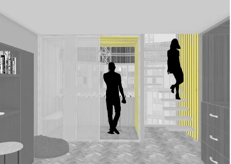 Interior threshold with yellow vertical louvers, herringbone flooring, and silhouetted figures on split levels