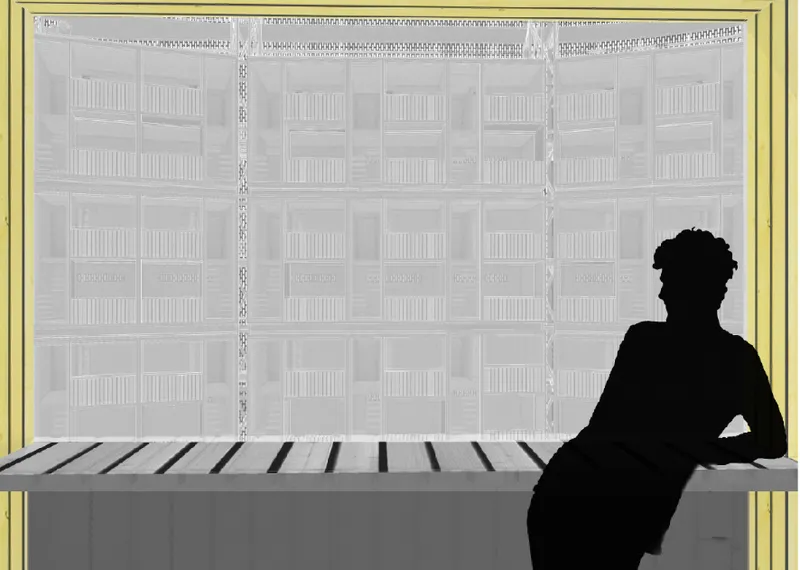 Interior balcony with yellow framed window overlooking repetitive white facade panels and a silhouetted figure