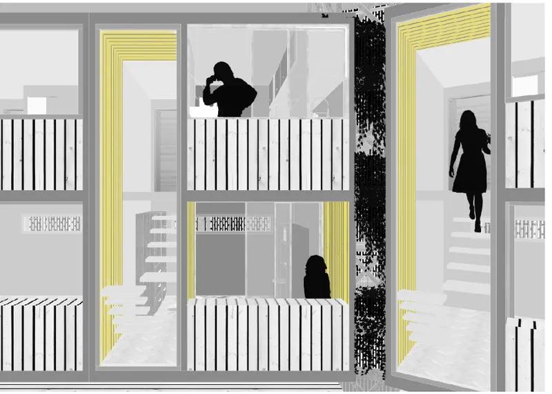 Section drawing showing multilevel interior spaces with yellow accents, vertical railings, and cascading figures