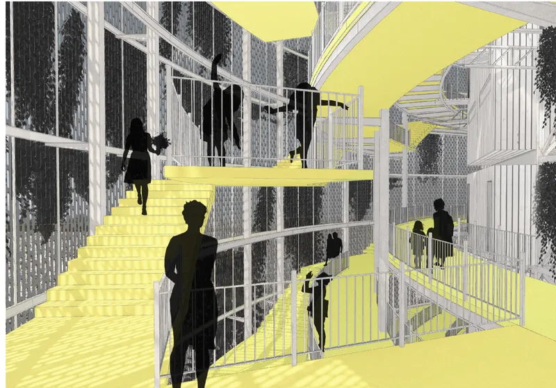 Interior perspective showing yellow staircases, transparent railings, and silhouetted figures moving through multilevel circulation spaces