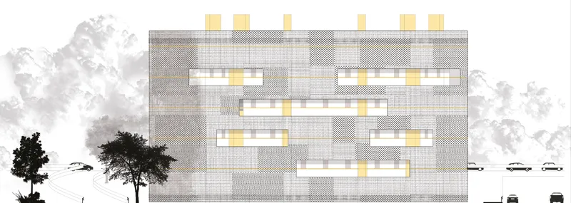Elevation drawing showing textured facade with yellow window accents and trees in watercolor context