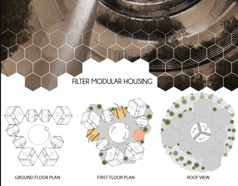 Floor plan drawing showing hexagonal modular units arranged around a central circular courtyard with landscaping