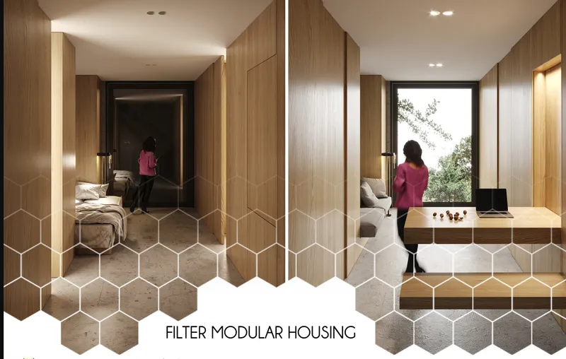 Interior view of timber-clad bedroom with a person in pink shirt beside hexagonal tile flooring