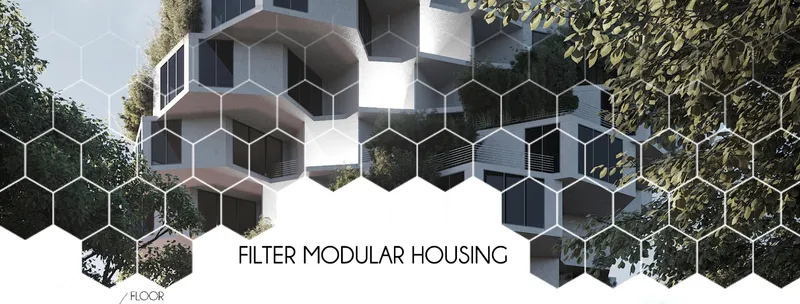 Exterior facade showing hexagonal balconies with glazing and vegetation cascading between the protruding volumes