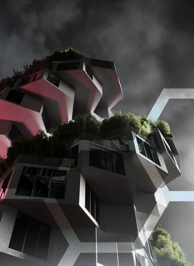 Night view of cantilevered volumes in pink and white with rooftop planting under cloudy skies