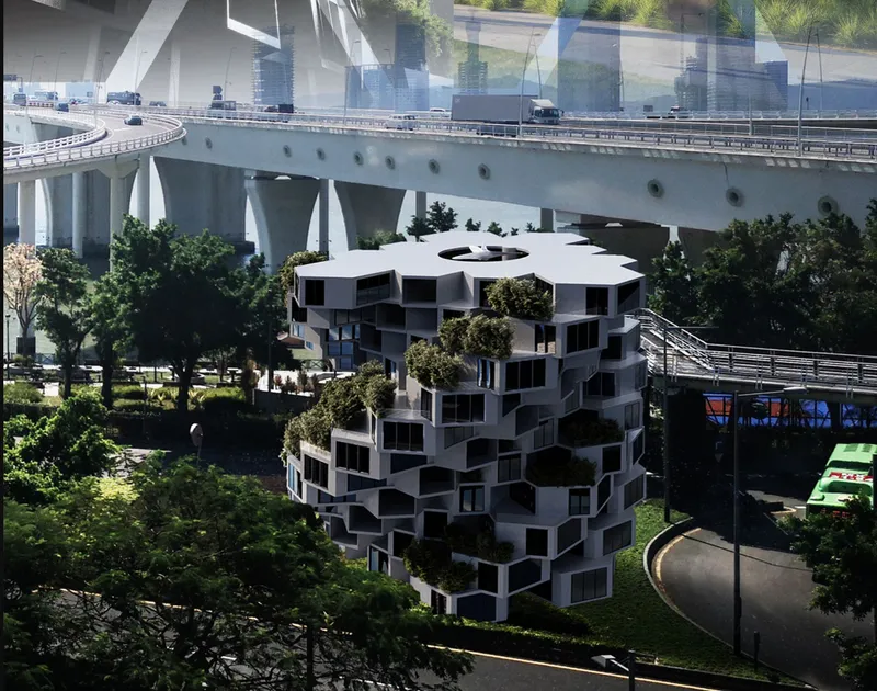 Multi-story building with hexagonal balconies beneath an elevated concrete highway overpass and surrounding greenery