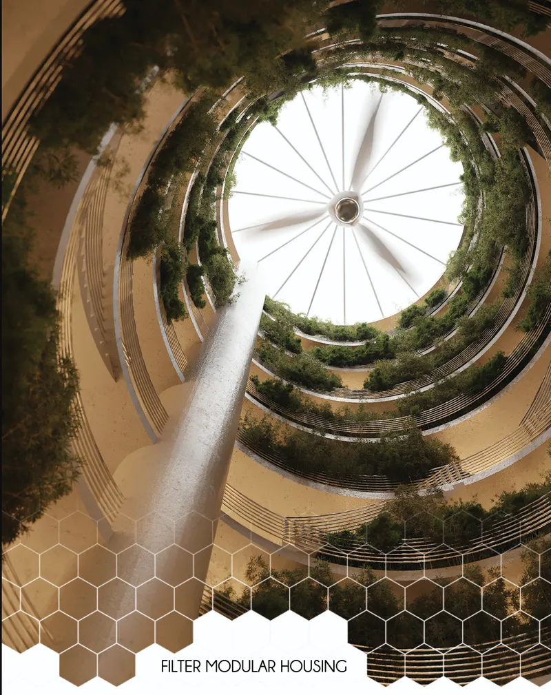 Looking up through a spiraling circular atrium with planted terraces and a radial skylight above