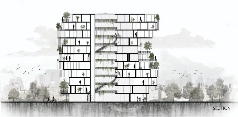 Section drawing revealing stacked residential units with planted terraces and human figures against a city skyline