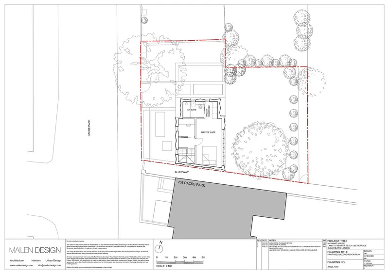 Second floor plan drawing showing master suite and landscaped garden with circular tree canopy