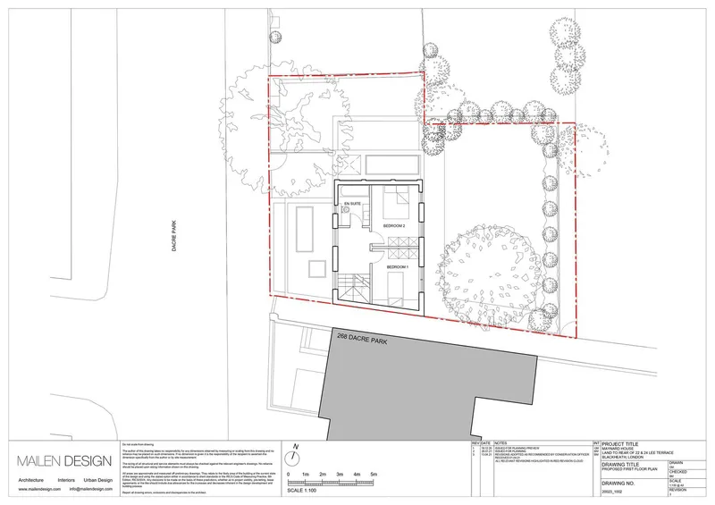 First floor plan drawing showing bedroom layout and planted courtyard garden below