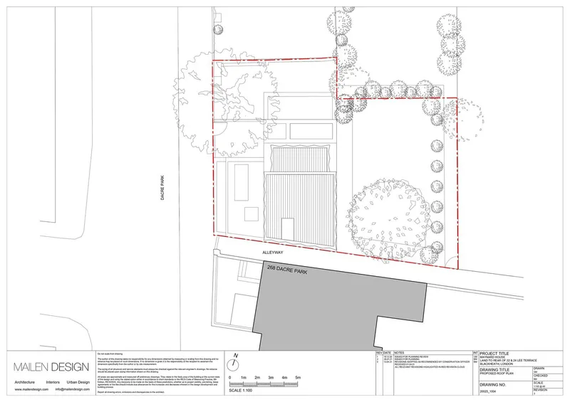 Roof plan drawing showing ribbed roofing and garden with planted perimeter bed