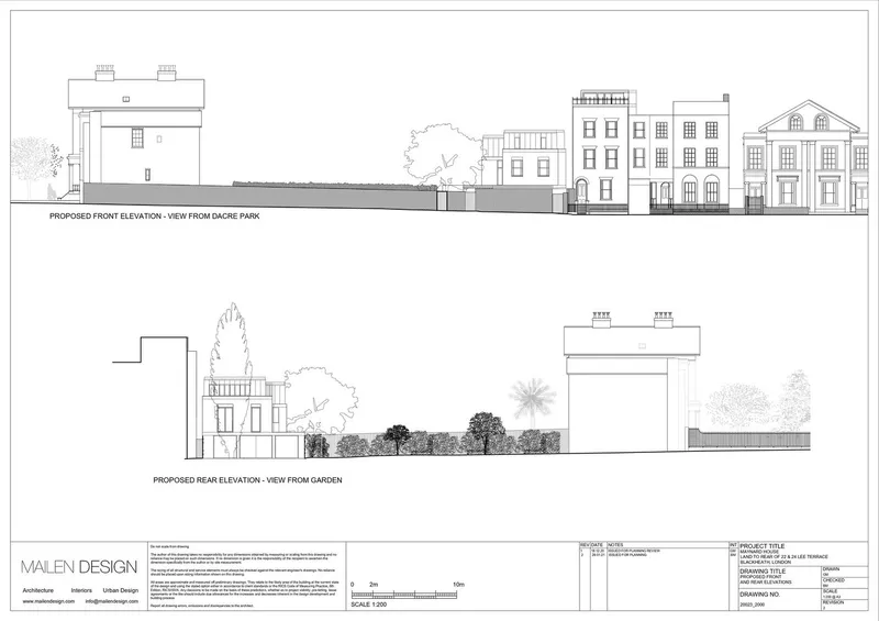 Elevation drawings showing the front facade facing the park and the rear facade facing the garden