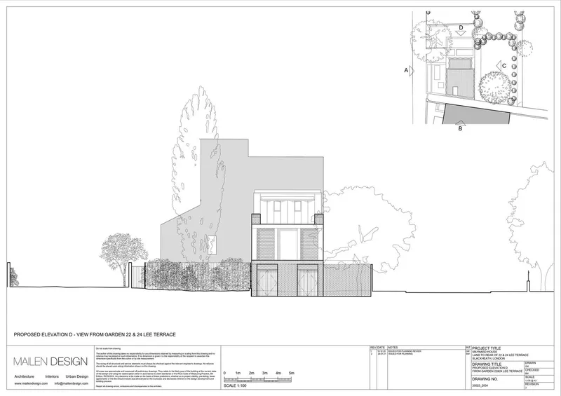 Elevation drawing showing the rear facade with louvered panels and mature trees framing the composition