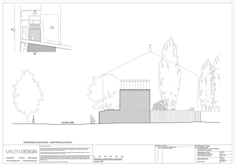 Elevation drawing showing the terraced building volumes with vertical shading and surrounding trees along the alleyway