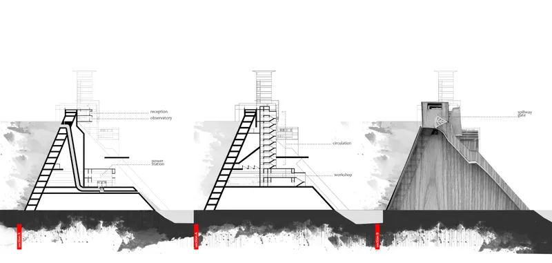 Section sequence illustrating progressive construction phases from framework to completed concrete tower and sloped base