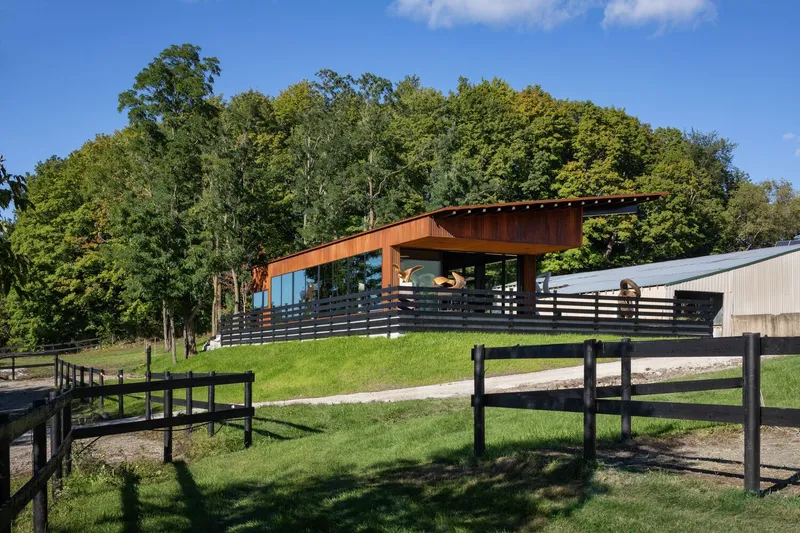 Gallery building on a sloped grass site with painted steel fencing and a wooded hillside backdrop