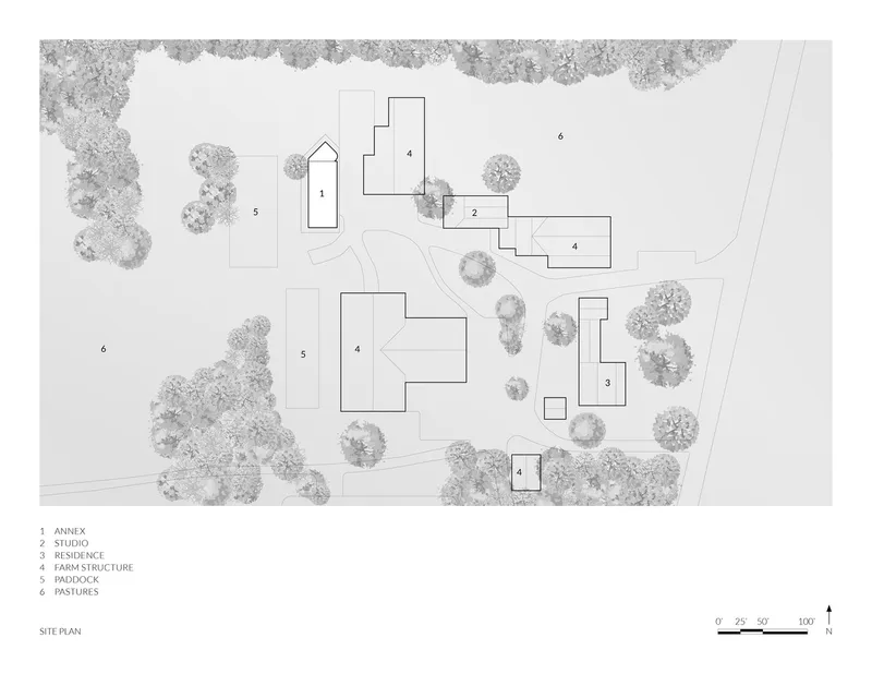 Site plan drawing showing five scattered buildings among trees with paths connecting the structures
