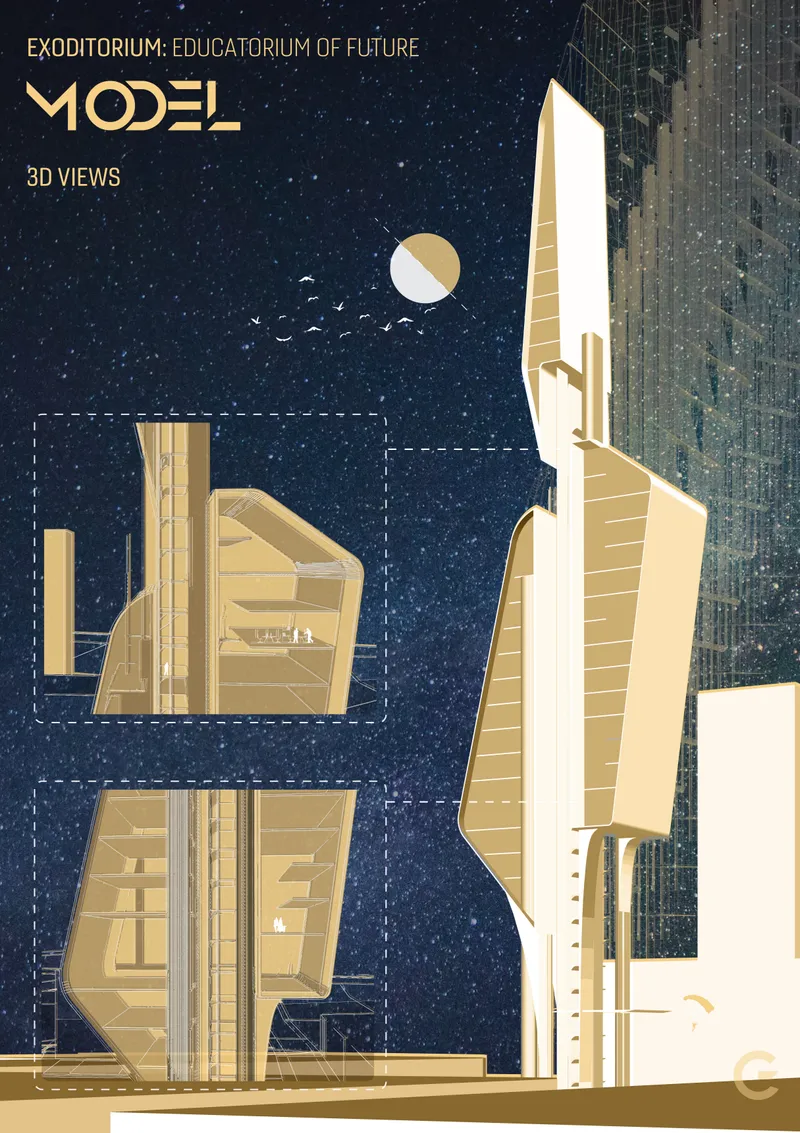 Elevations and section drawings showing a tapered tower with spherical elements and curved interior spaces