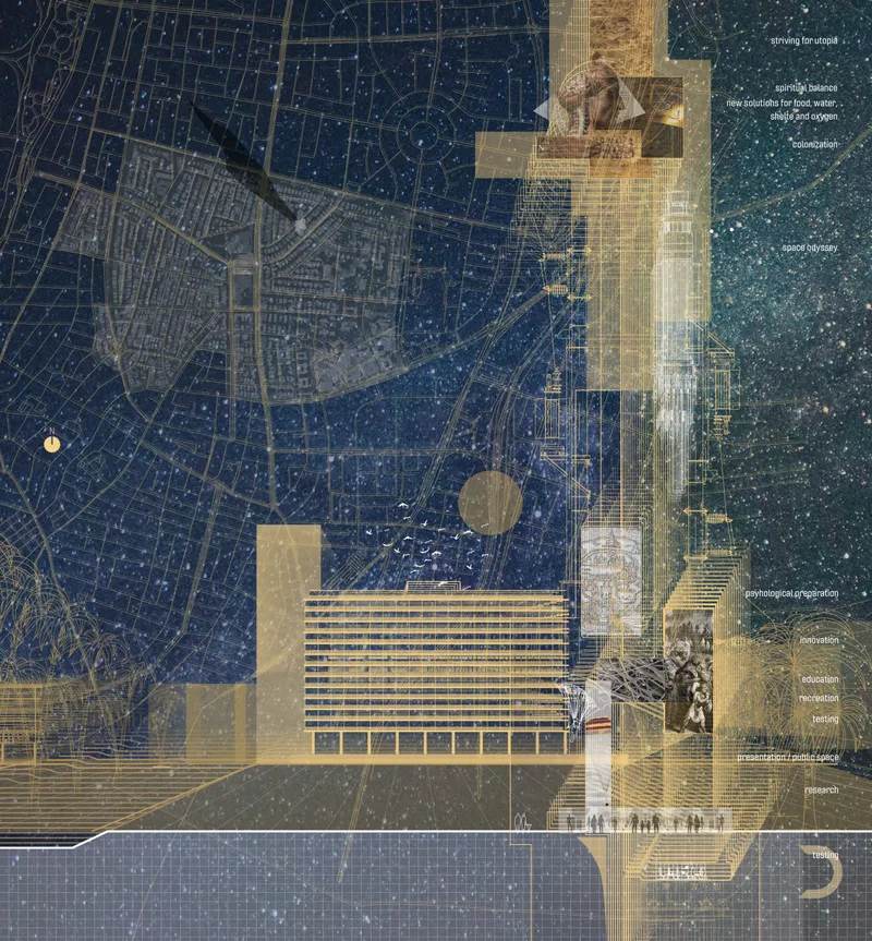 Composite drawing showing site plan with urban context and building elevations layered with historic imagery